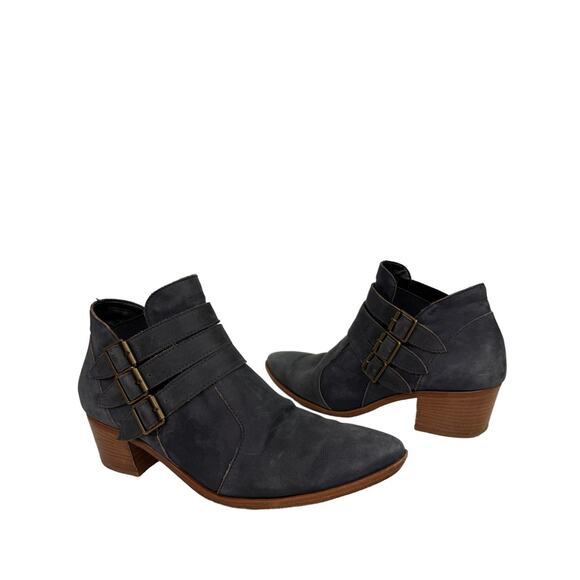 MODERN VICE NYC Made Blue Suede Triple Buckle Pointed Toe Chloe Booties Size 38 - Picture 1 of 9